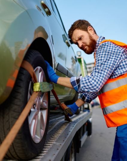 Tow truck drive wearing orange vest secures auto to truck